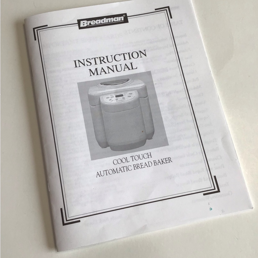 Breadman Instruction Manual for TR555LC Cool Touch Automatic Bread Maker 2002